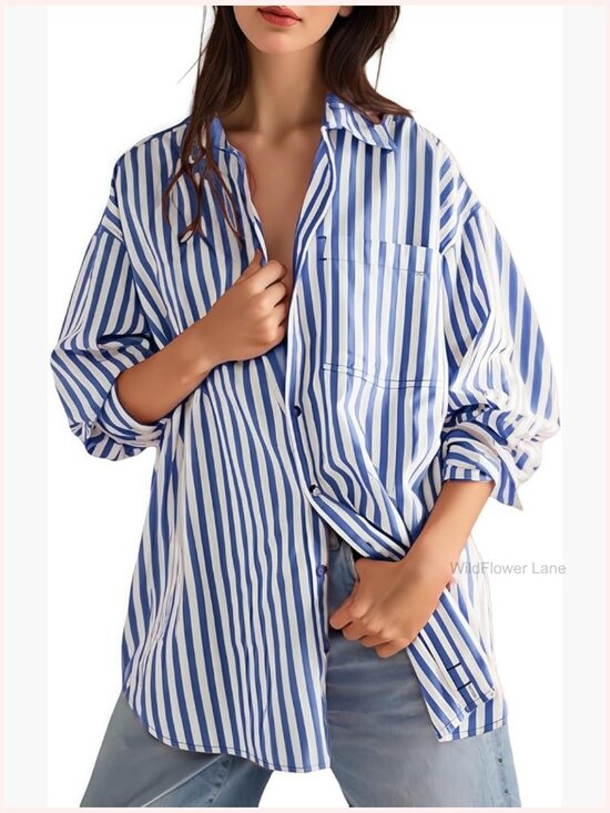 Tops - Long Sleeve Button Down Shirt Casual Loose Oversized Blouse for Women